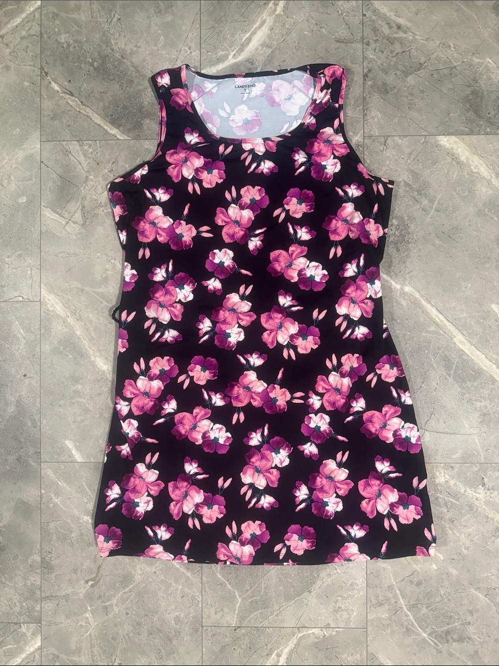 Lands' End Black Tank Coverup with Pink Floral Print